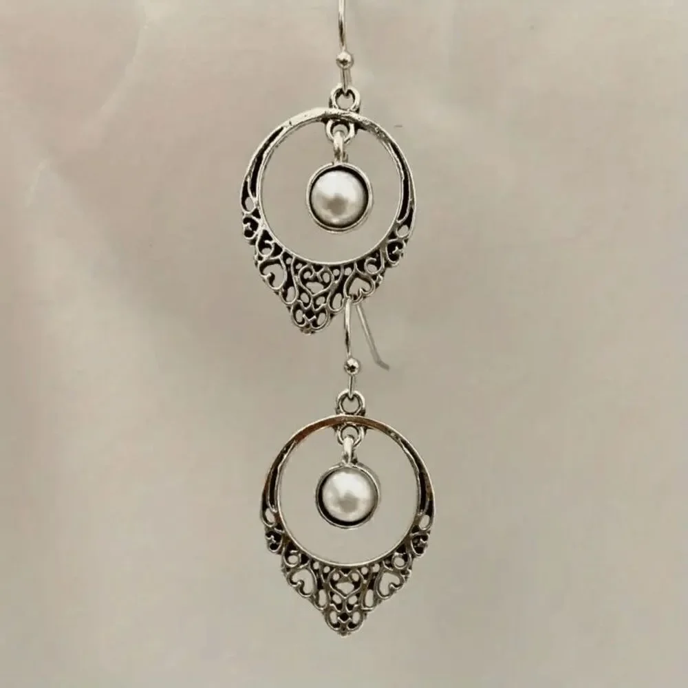 Silver Pearl Round Filigree Dangle Earrings